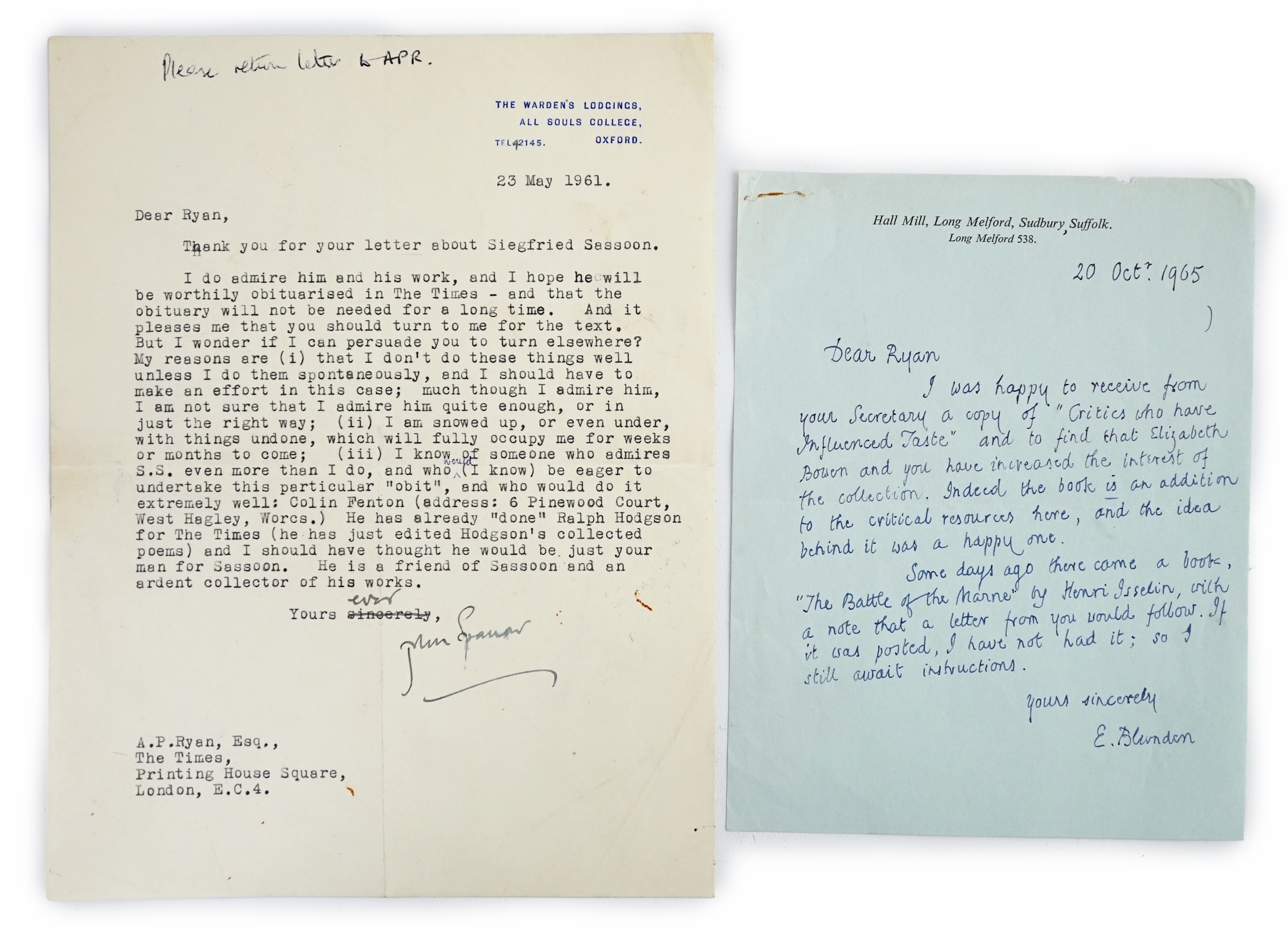 Edmund Blunden (1896-1974), English Poet, Author and Critic who, like his friend Siegfried Sassoon, wrote of his experiences during World War I in both verse and prose. A.L.S., E. Blunden, one page, 8vo